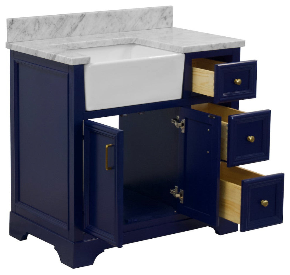 Zelda 36" Bathroom Vanity, Base: Royal Blue, Top: Carrara Marble