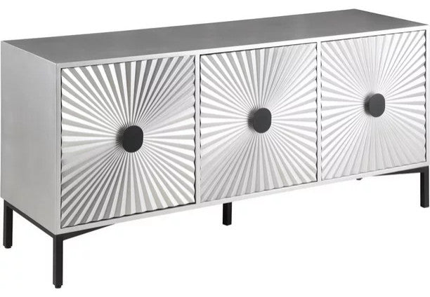 Contemporary Sideboard, Starburst Patterned Doors & Oval Pulls, Antique Silver