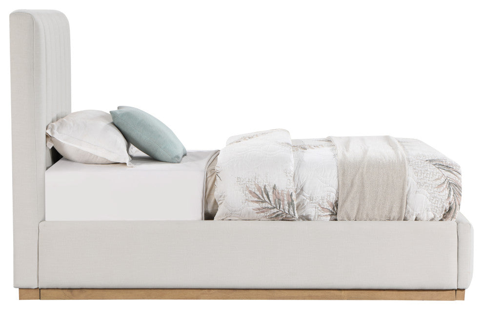 Lucia Beige Linen Textured Fabric Full Bed, Cream, Twin, Natural Finish