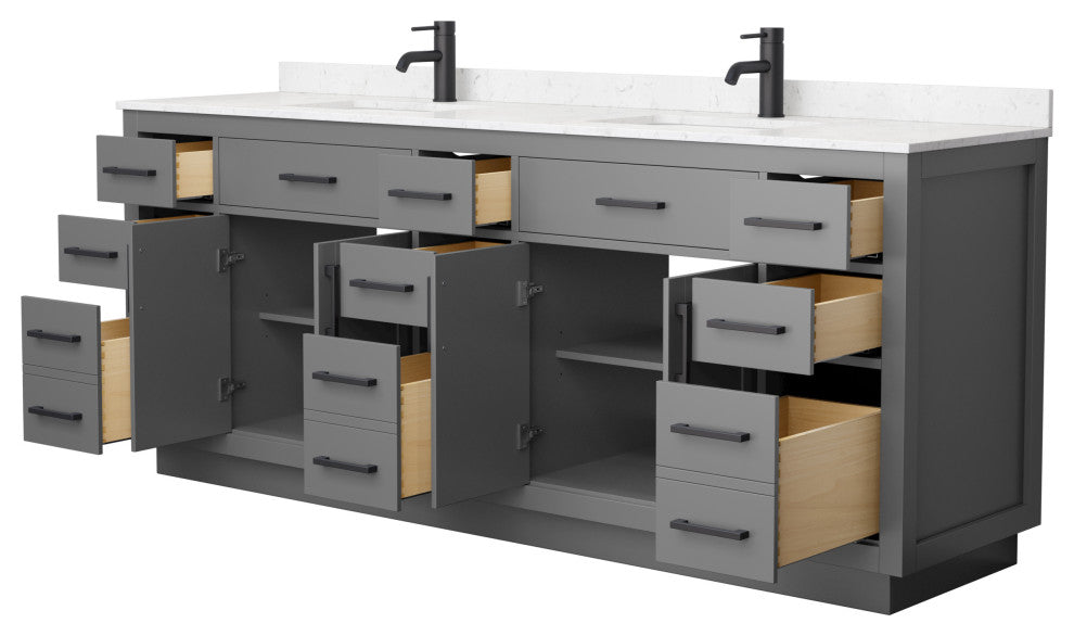 Beckett TK 84" Dark Gray Double Vanity, Cultured Top, Black Trim