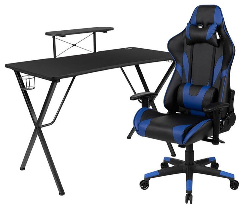 Flash Furniture Gaming Desk and Racing Reclining Chair Set in Black and Blue
