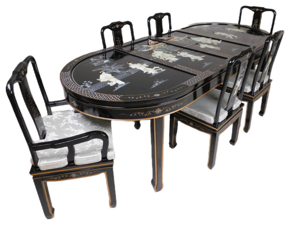 Black Lacquered With Mother Of Pearl Oriental Dining Table Set