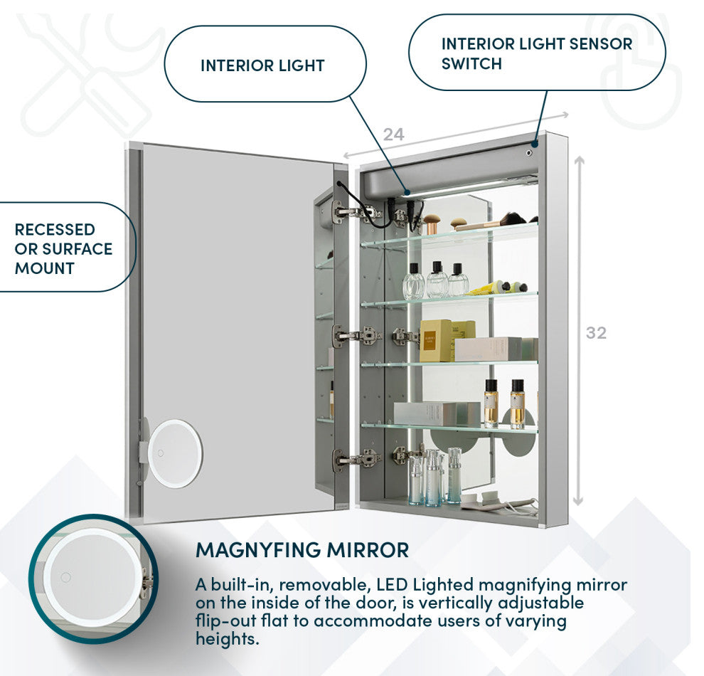 Edge Royale 24" LED Medicine Cabinet Defogger 3X Adjustable Magnifying Mirror