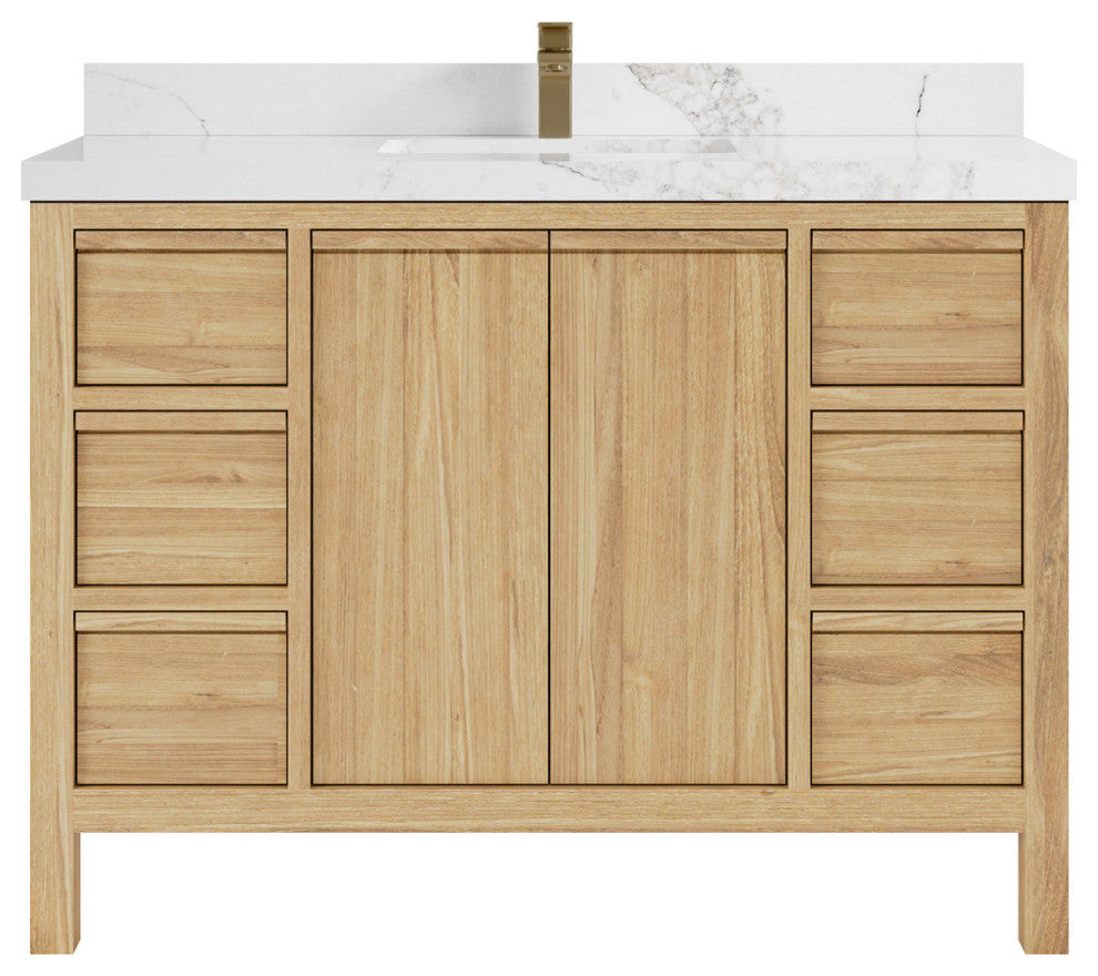 Elizabeth 48 Single Sink Bath Vanity in Light Natural Teak 2" Calacatta Nuvo