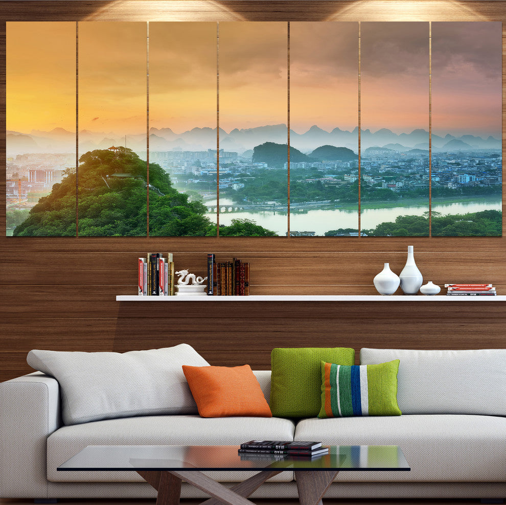 Li River and Karst Mountains, Landscape Canvas Art Print, 83"x32", 7 Panels