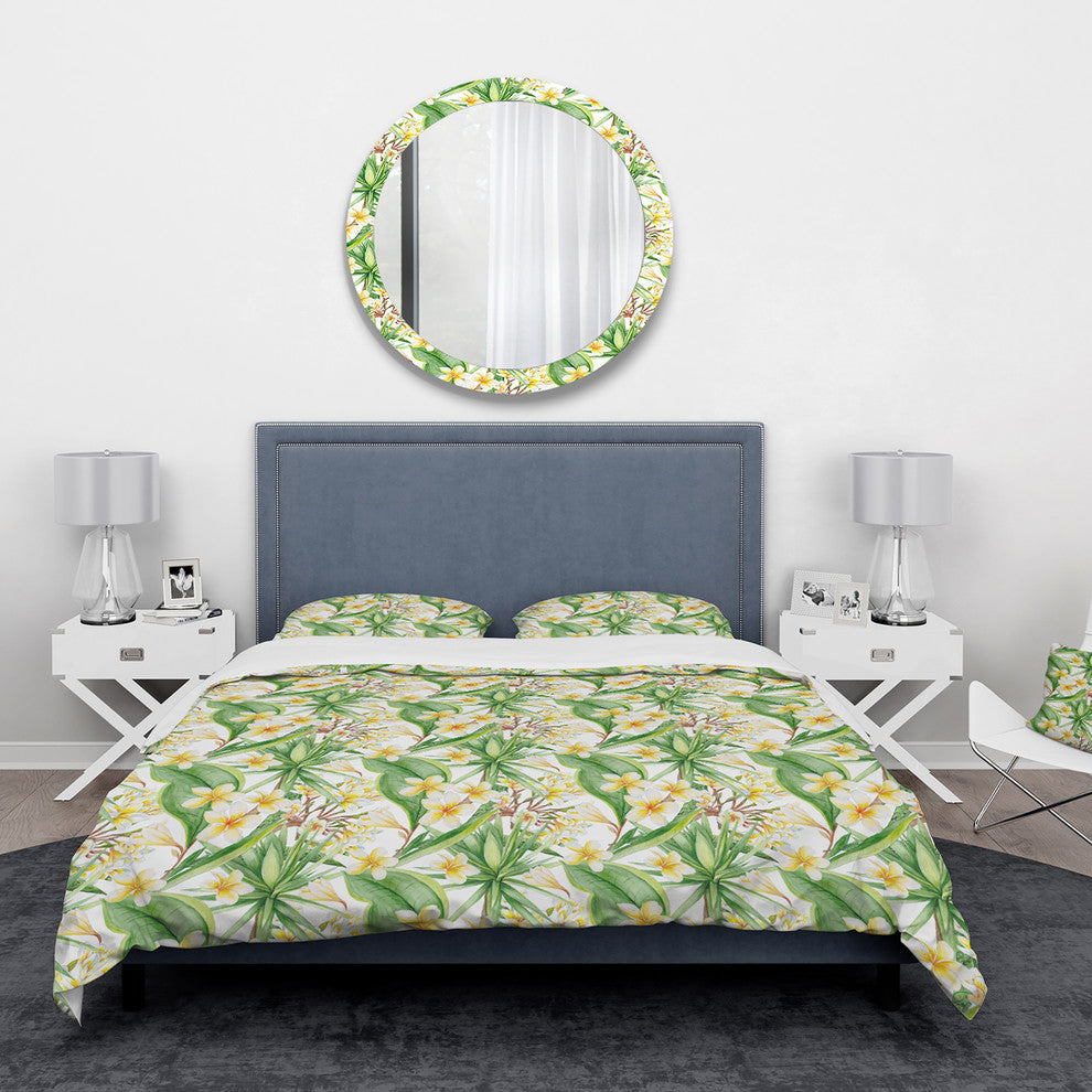 White Tropical Flowers in Botanic Setting Floral Duvet Cover, King