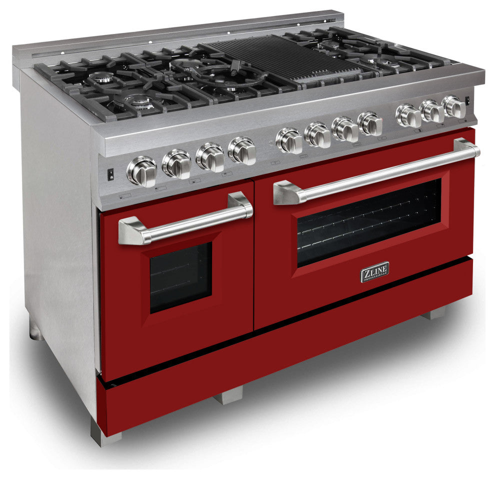 ZLINE 48" Dual Fuel Range, DuraSnow With Red Matte Door RAS-RM-48