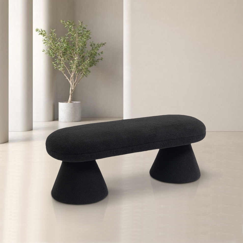 Drum Faux Shearling Teddy Fabric Upholstered Bench, Black