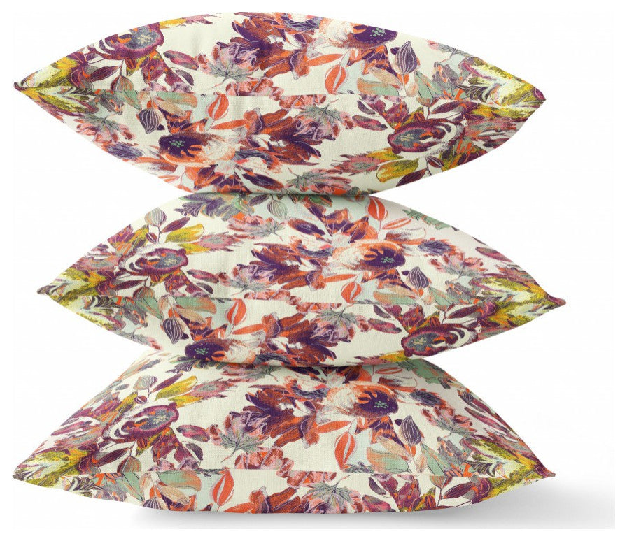 26" Orange Green Florals Indoor Outdoor Zippered Throw Pillow