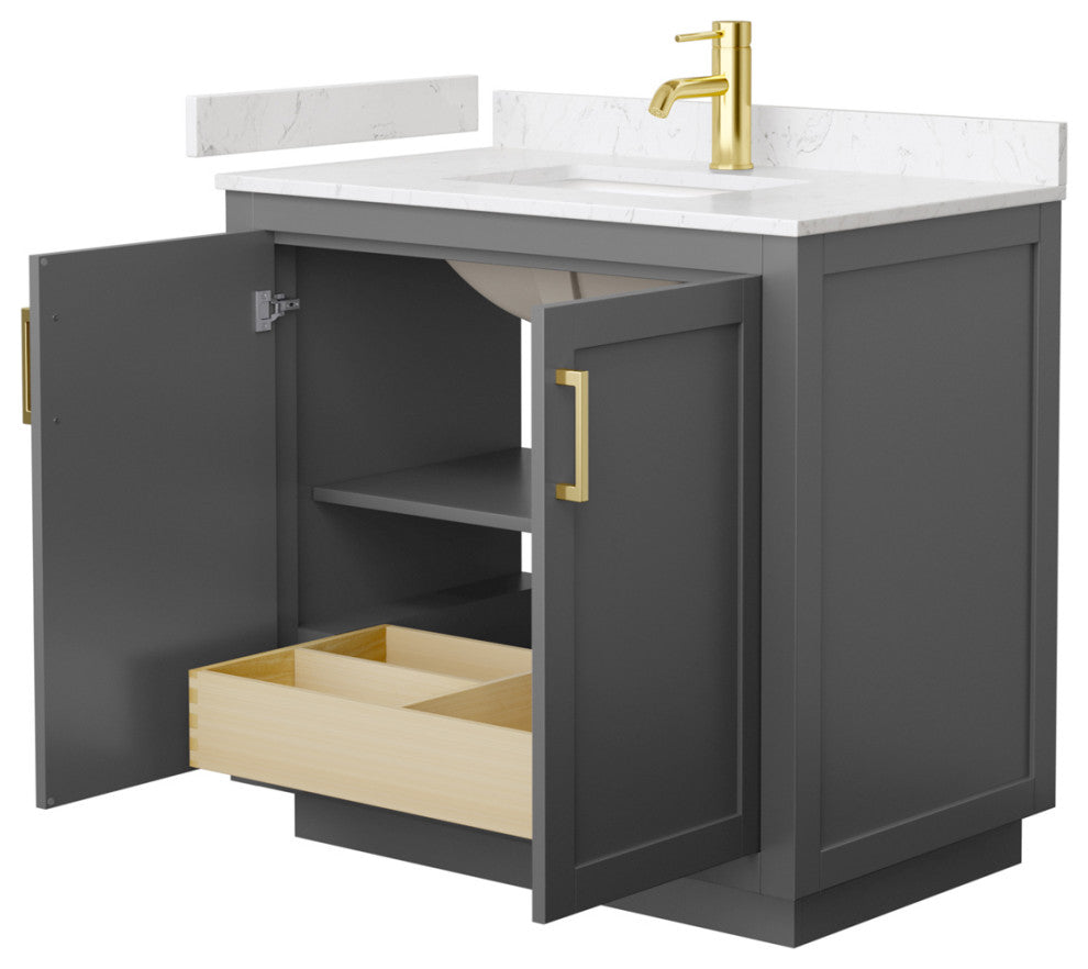 36"SGL Vanity Dark Gray, Light-Vein Carrara Cult. Marble Top, Sink, Gold Trim