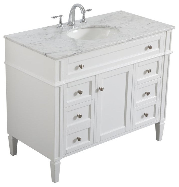 Home Living Vanity with Carrara White Marble Countertop, White, 42", Single Sink