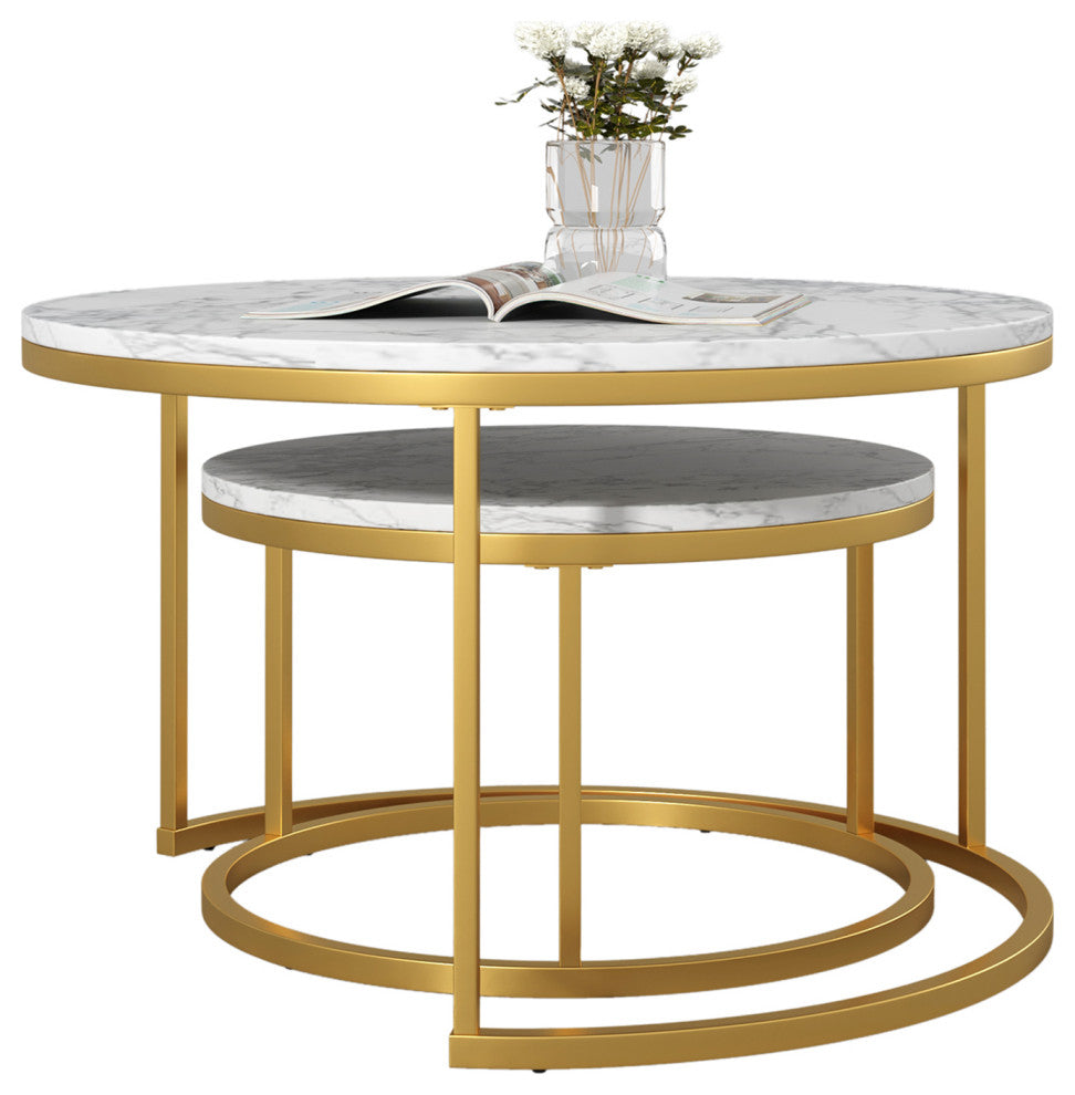 29 .5" Golden Frame Marble Color Top Round Wood Coffee Table, 2-Piece Set