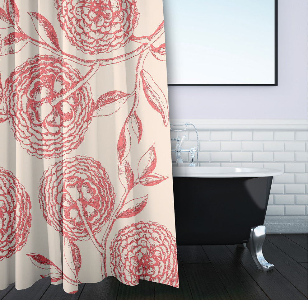 70"Wx73"L Antique Flowers Shower Curtain, Blush Coral