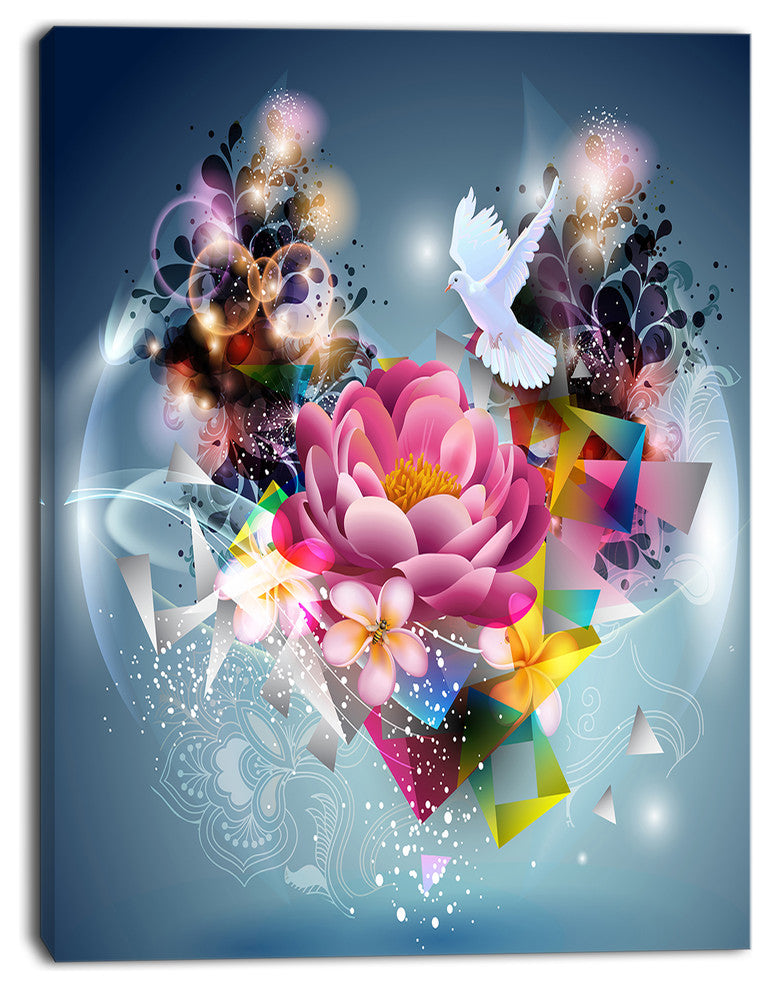 Flowers and Dove Abstract Design, Floral Canvas Art print, 12"x20"