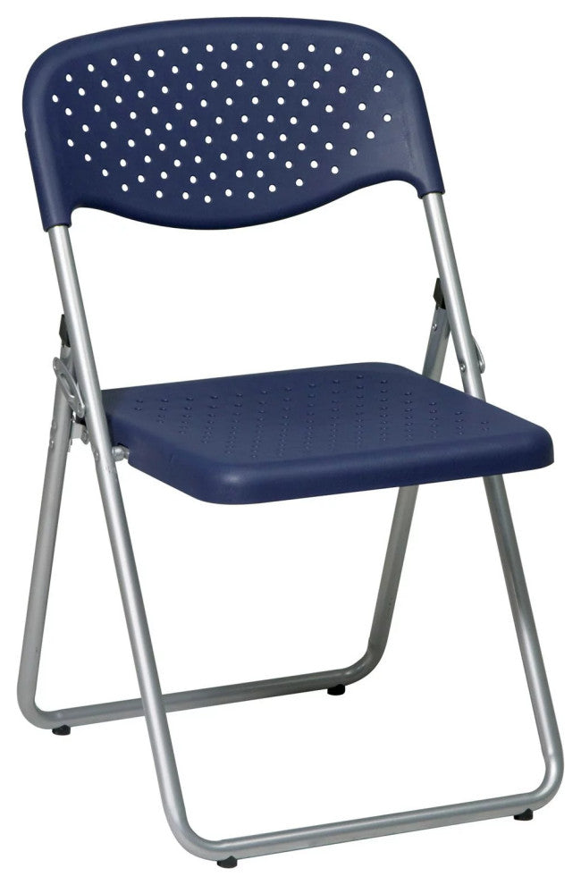 Set of 4 Folding Chair, Metal Frame With Dotted Plastic Seat & Open Back, Blue