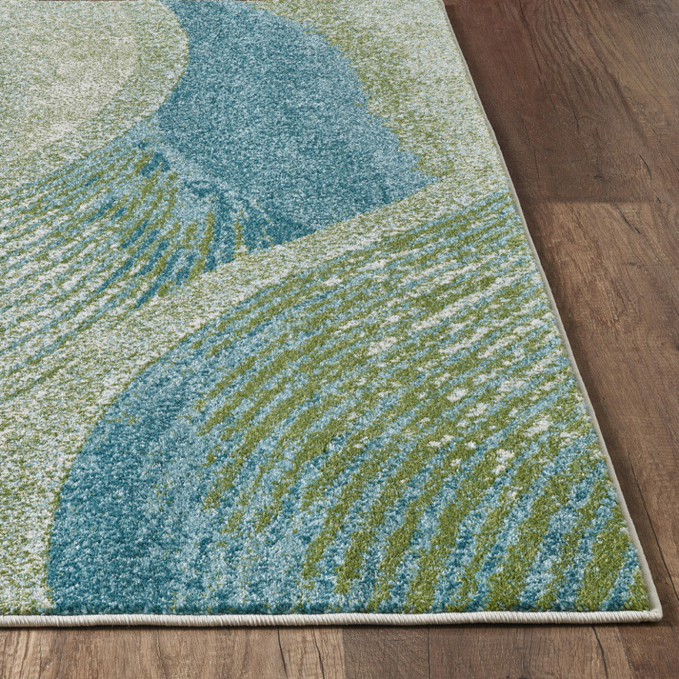 7"x10" Blue Beige Abstract Waves Modern Area Rug