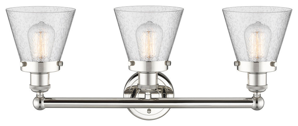 Edison Small Cone 3-Light 25" Vanity Light, Polished Nickel Finish, Seedy Shade