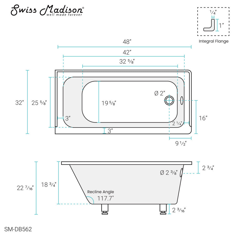 Voltaire 48" x 32" Acrylic Right-Hand Drain Drop-in Bathtub