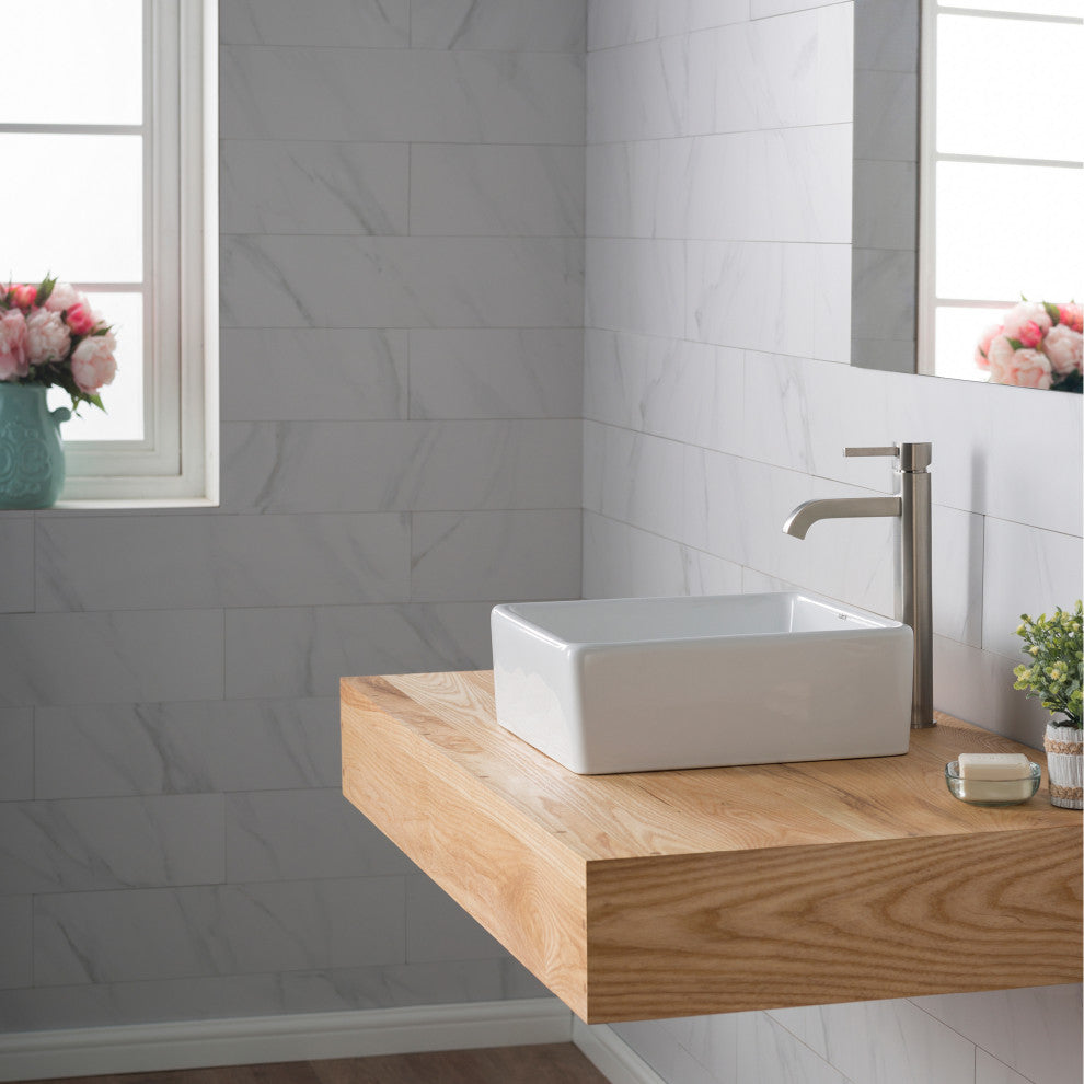 Elavo Square Ceramic Vessel Sink, Bathroom Ramus Faucet, PU Drain, Nickel