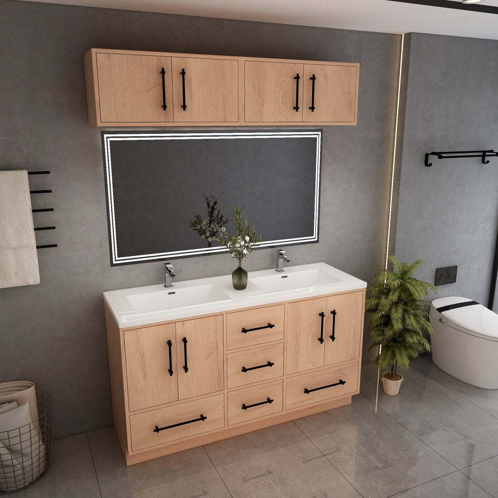 Victoria 60" Solid Wood Vanity Double Sink, Overhead Cabinet, Red Oak