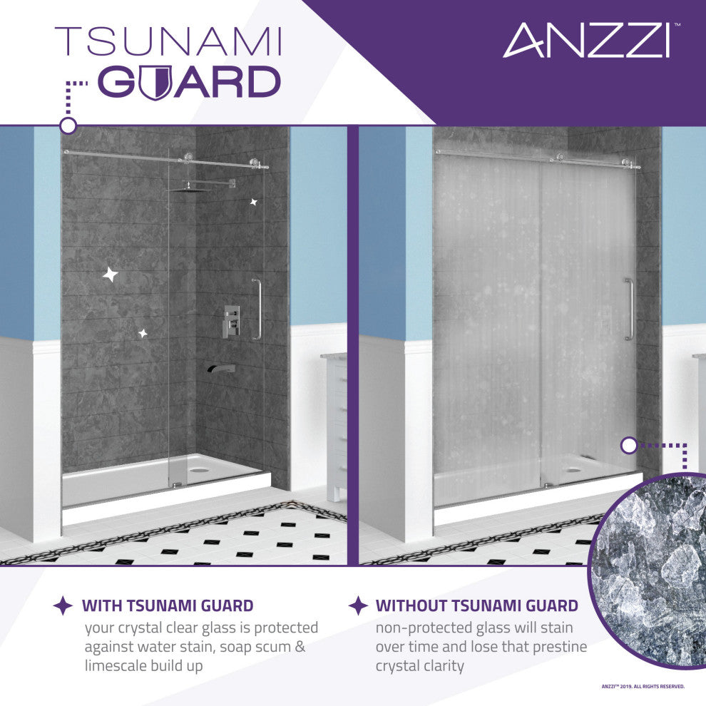ANZZI Castle 49"x72" Hinged Semi-Frameless Shower Door, Brushed Nickel