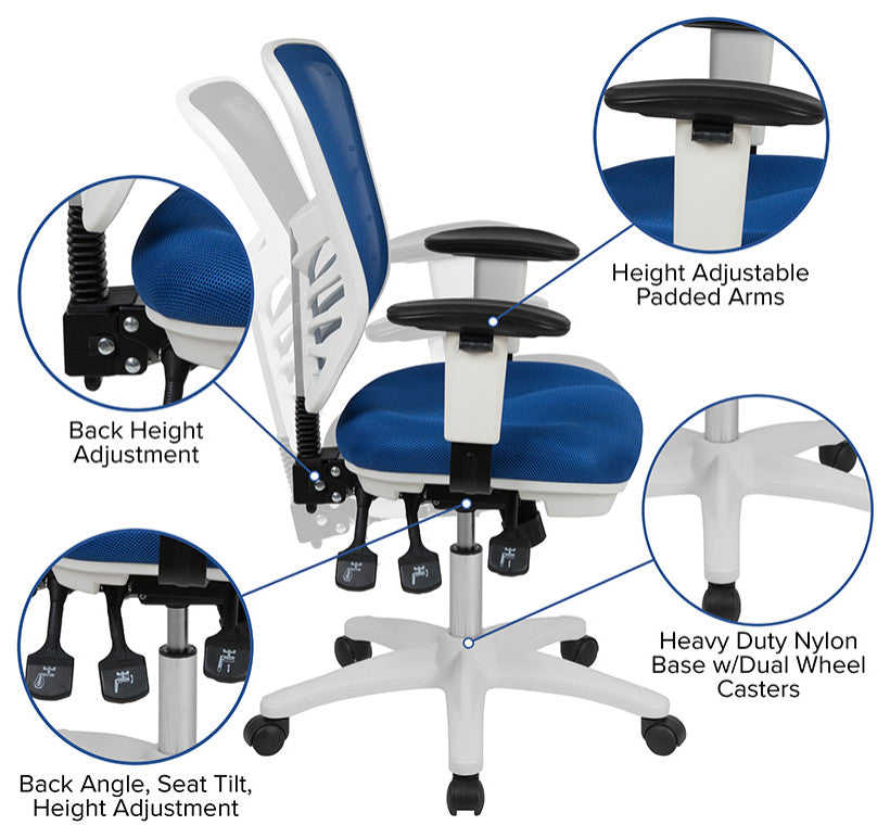 Mid-Back Mesh Swivel Task Chair with Triple Paddle Control, Blue Mesh/White Fram