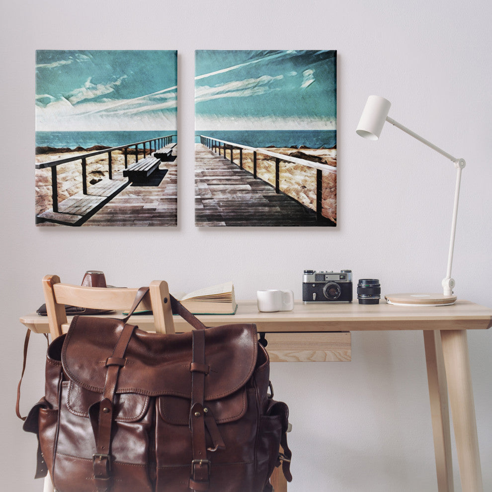 Tranquil Pier Dock Beach Clear Blue Sky Illustration, 2pc, each 24 x 30