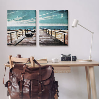 Tranquil Pier Dock Beach Clear Blue Sky Illustration, 2pc, each 24 x 30