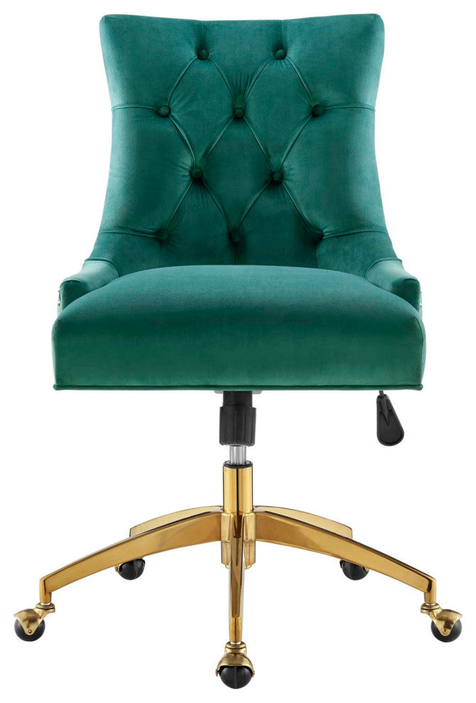 Computer Work Desk Tufted Chair, Velvet, Gold Teal Blue, Home Business Office