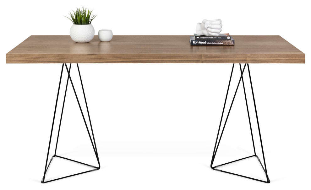 Contemporary Wire Leg Home Office Desk, Walnut/Black Legs