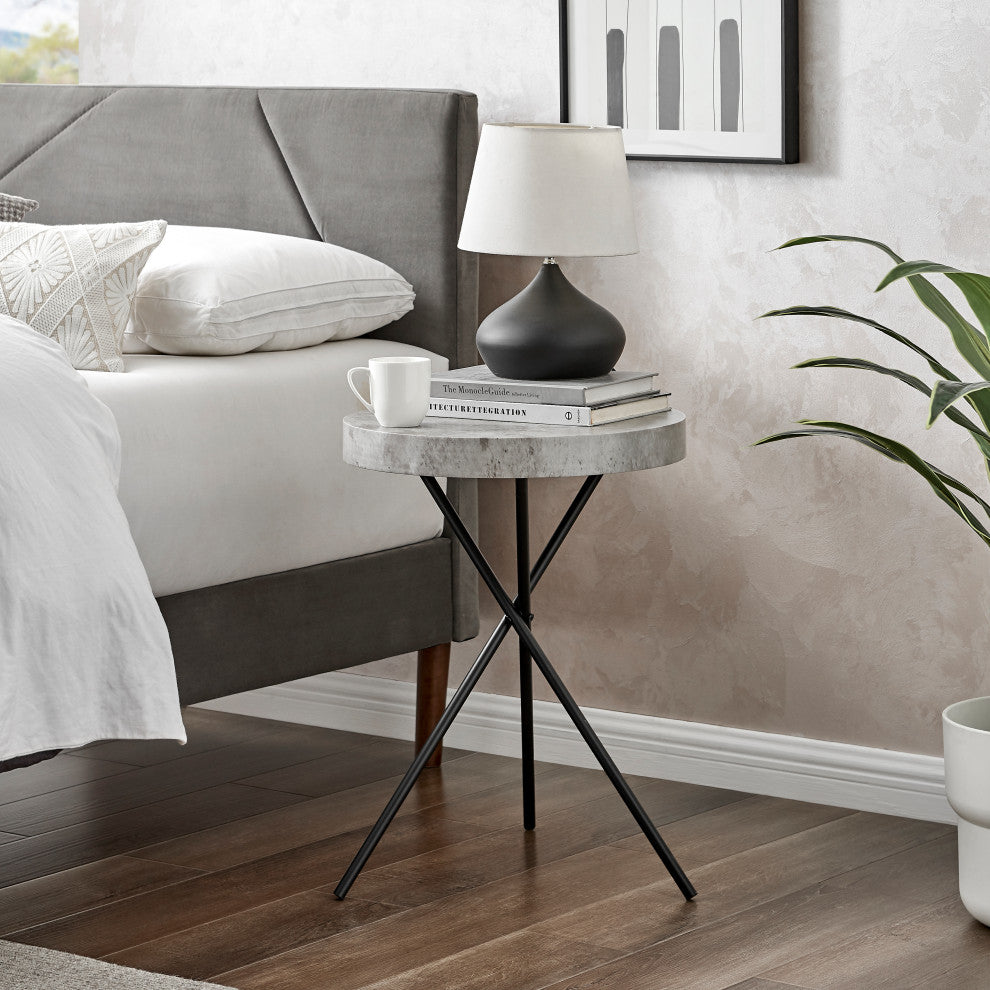 Circular Modern Grey Concrete Finish Black Metal Legs Accent Table