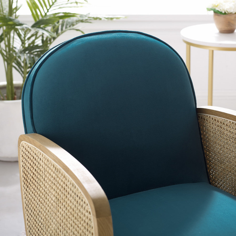 Modern Blue Velvet With Cane Accent Chair
