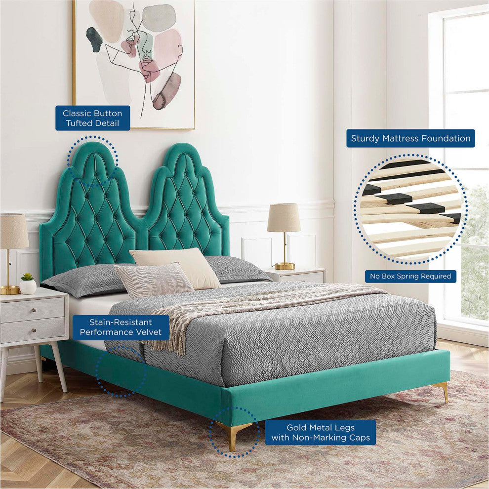 Tufted Platform Bed Frame, Full Size, Velvet, Teal Blue, Modern Contemporary