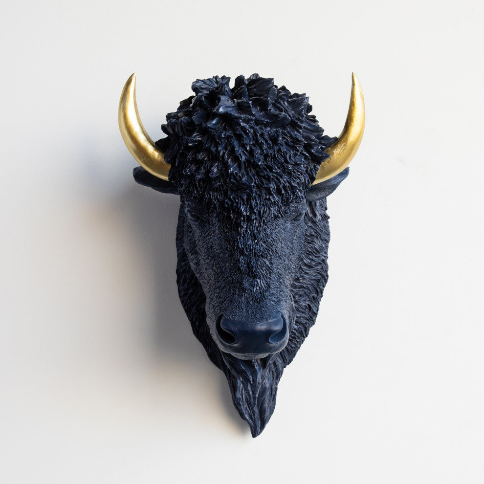 Faux Taxidermy Bison Head Wall Mount, Navy and Gold