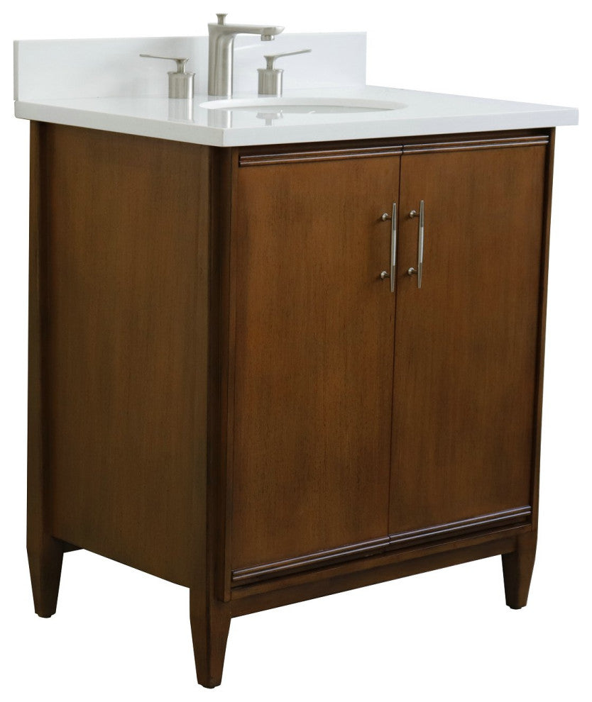 31" Single Sink Vanity, Walnut Finish, White Engineered Stone Top With Oval Sink