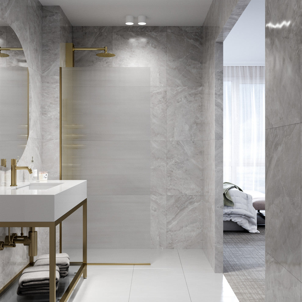 VIGO Zenith Frameless Fixed, Matte Gold, Shower Screen, 34" W X 74" H, Fluted Glass