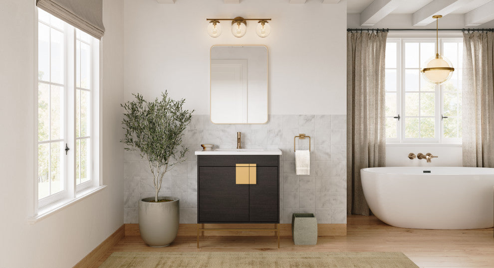 Lockhart Bath Vanity, Black Oak, 30", Satin Brass Hardware, Single Sink, Freestanding