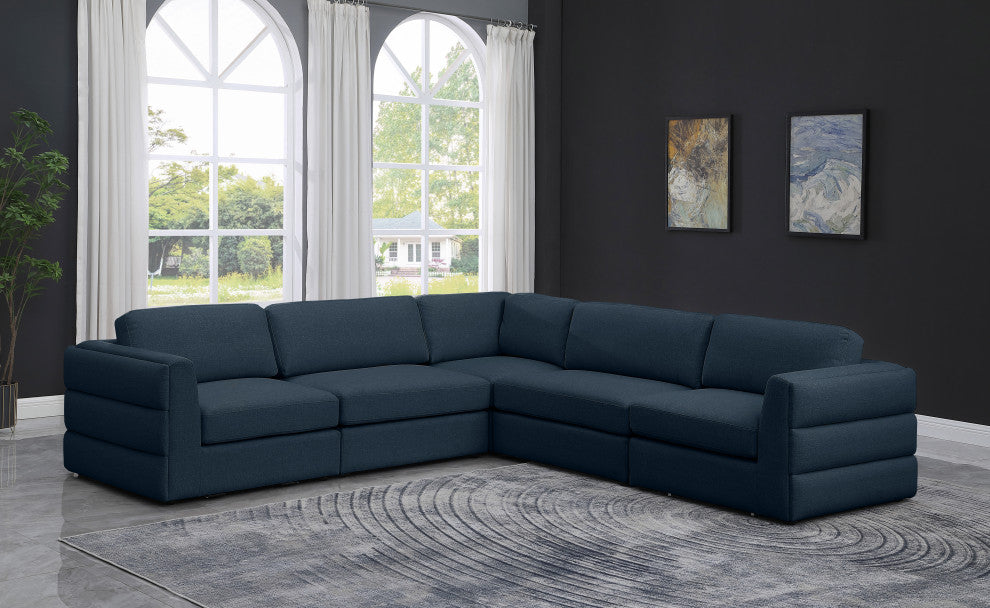 Beckham Linen Textured Fabric 5-Piece Modular L-Shaped Sectional, Navy