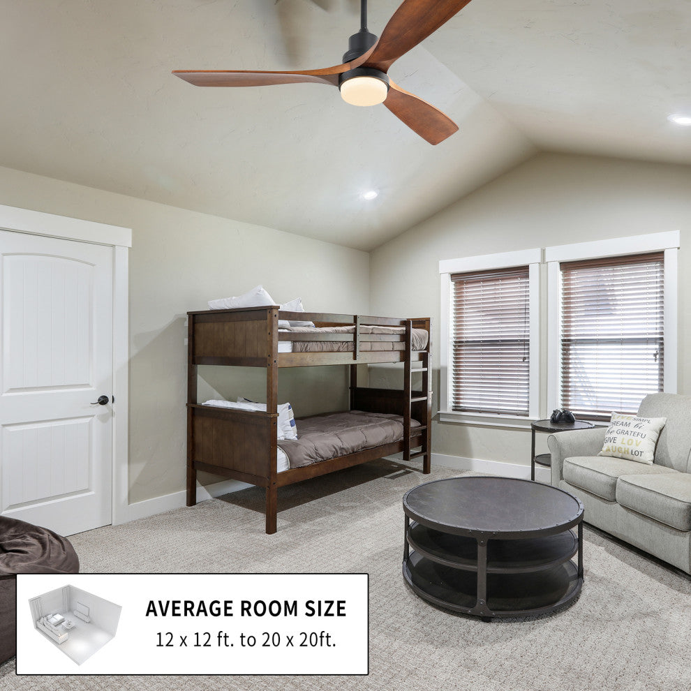 52" Solid Wood Ceiling Fan and Remote Control Reversible Blades, Matte Blck