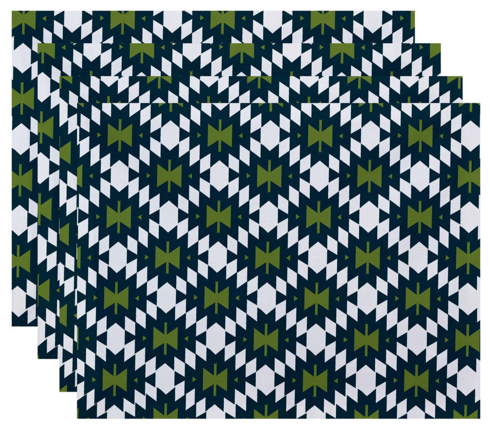 18"x14" Jodhpur Kilim 2, Geometric Print Placemat, Teal, Set of 4