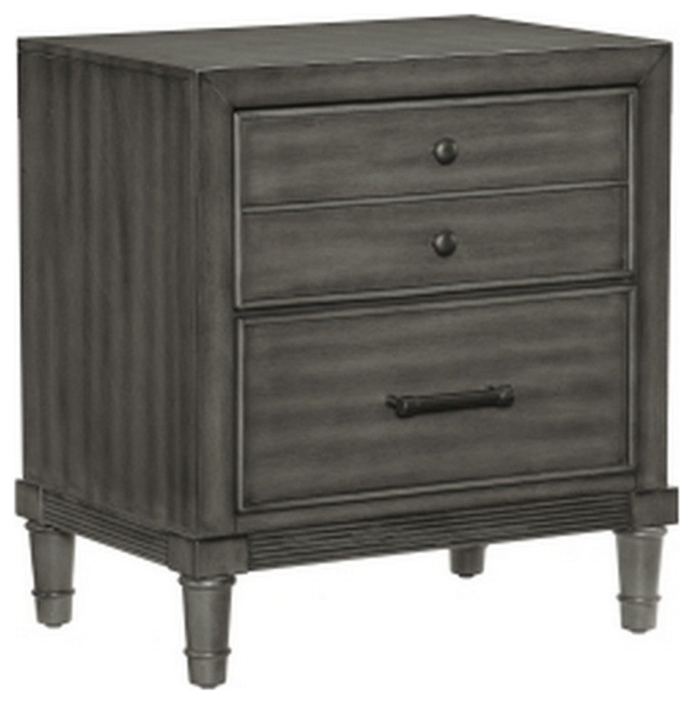 Ceila 27 Inch Classic 2 Drawer Nightstand, Round Tapered Legs, Gray Finish