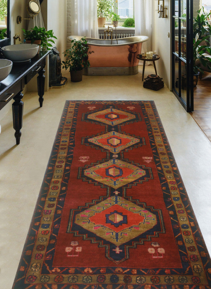 Fine Vintage Distressed Devon Rust/Gold Runner, 3'8x9'0