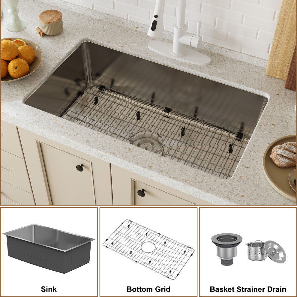 31in Undermount Single and Double Bowl 18 Gauge Stainless Steel Kitchen Sink, Single