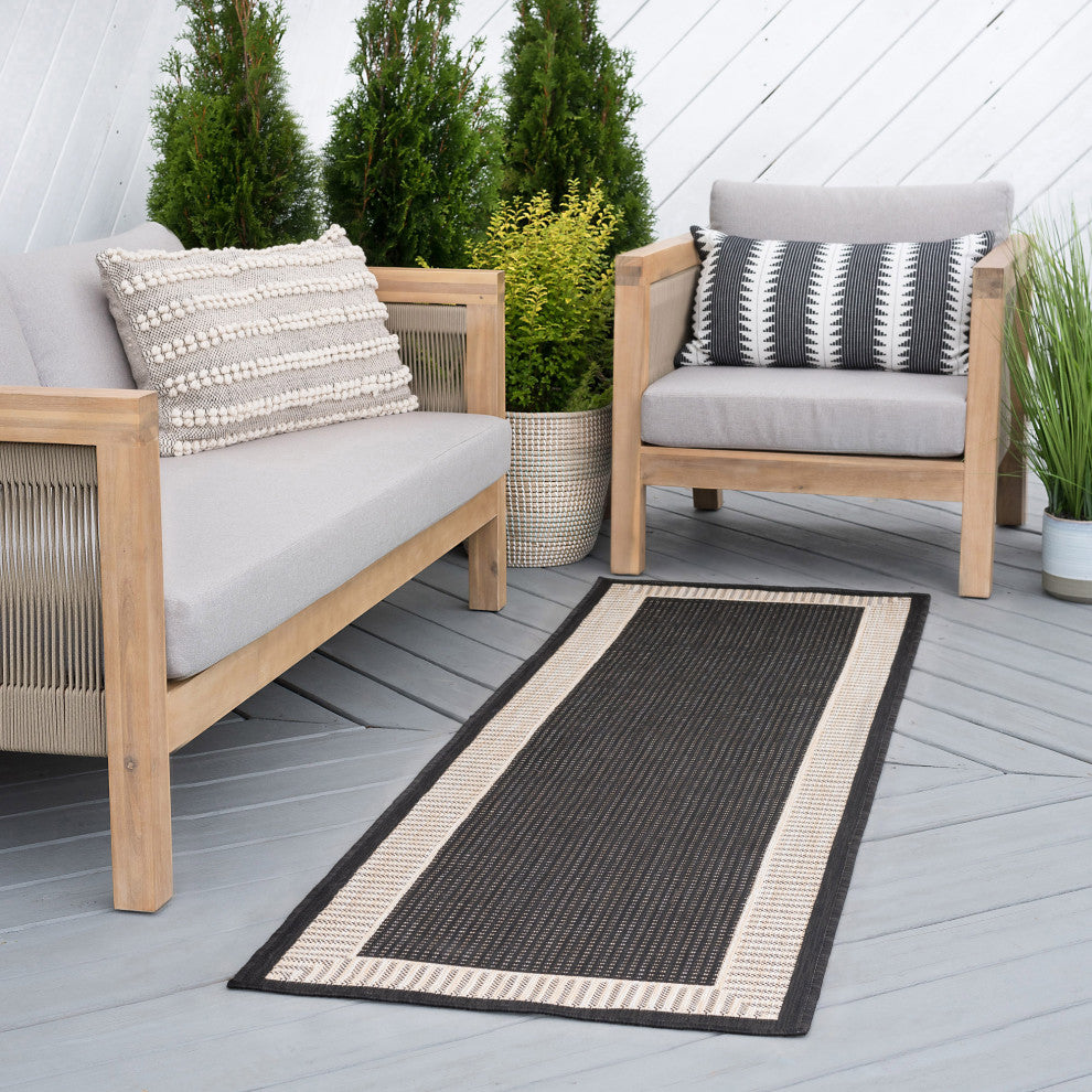Elgin Transitional Striped Border Black/Cream Indoor/Outdoor Runner Rug, 2'x7'