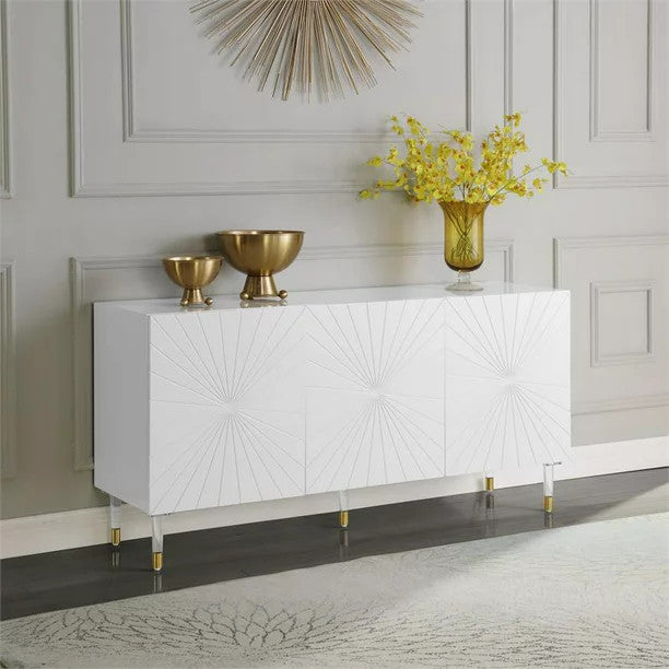 Elegant Sideboard, Geometric Accented Doors & Acrylic Legs With Gold Tips, White