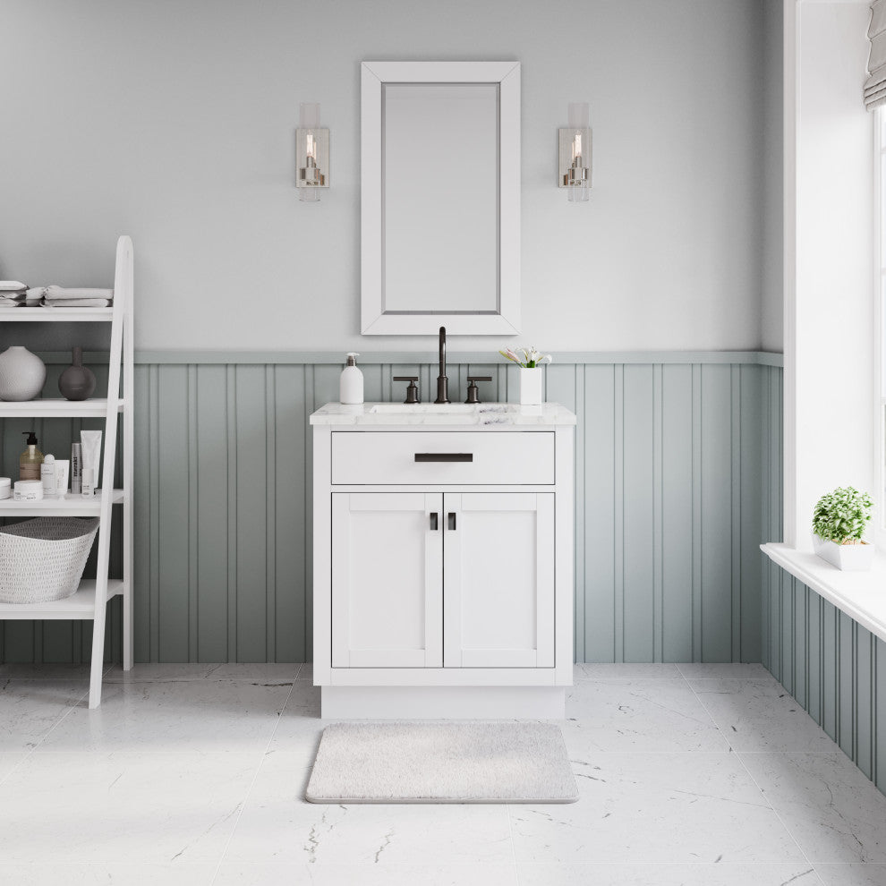 Hartford 30" Single Sink Marble Countertop Bath Vanity, White, Vanity With Mirro