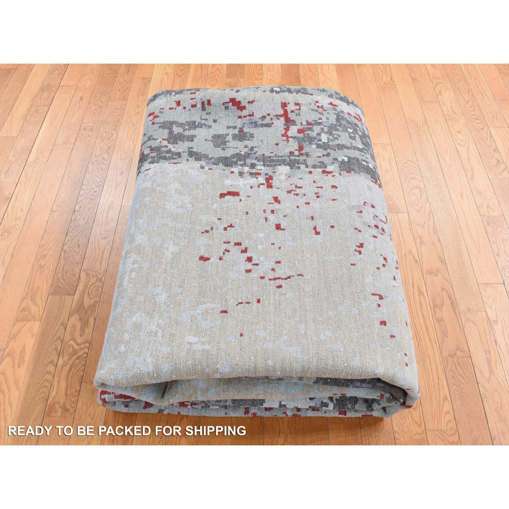 Platinum Gray Abstract Design Denser Weave Pure Wool Hand Knotted Rug 10'x14'2"