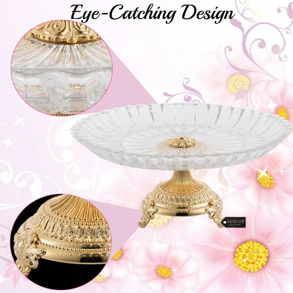Crystal Cake Dish Round Serving Platter With 24K Gold Plated Pedestal Base