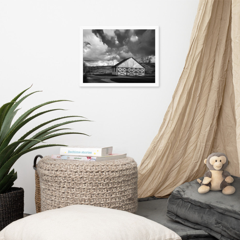 Aging Barn Morning Sun in Black and White Framed Photo Paper Wall Art Prints, White, 12" X 16"