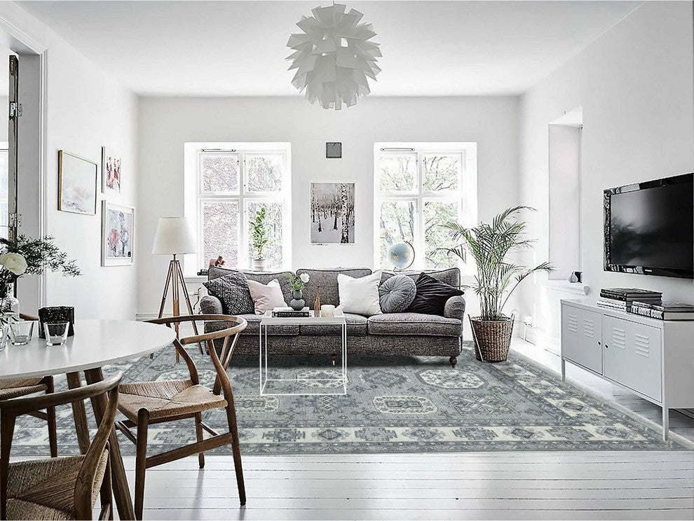 Gray Pure Wool Handknotted Peshawar With Karajeh Design Oriental Rug,8'0"x10'0"